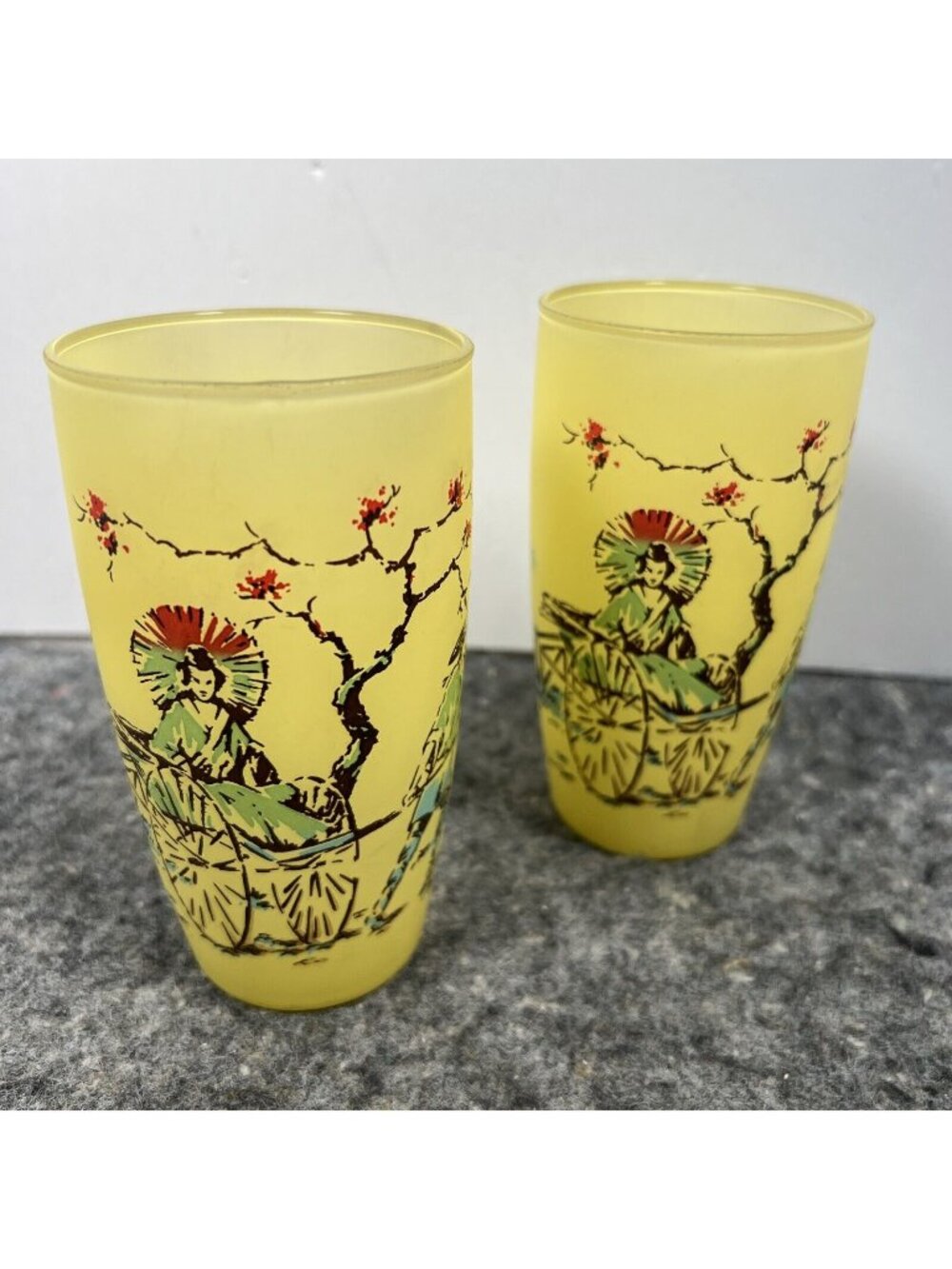 Vintage Mid Century Modern Frosted Yellow Color Glasses Oriental Style Set of 2